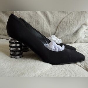 Stuart Weitzman Black Satin Crystal Rhinestone Embellished Block Heel Pumps 8.5